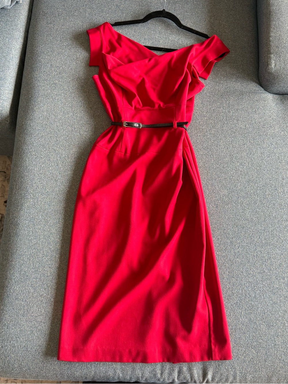 Black Halo Vibrant Red Off-Shoulder Belted Midi Dress